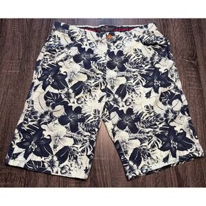 Across the Pond Mens 30 Signature Line Floral Hibiscus Flat Front Shorts Navy